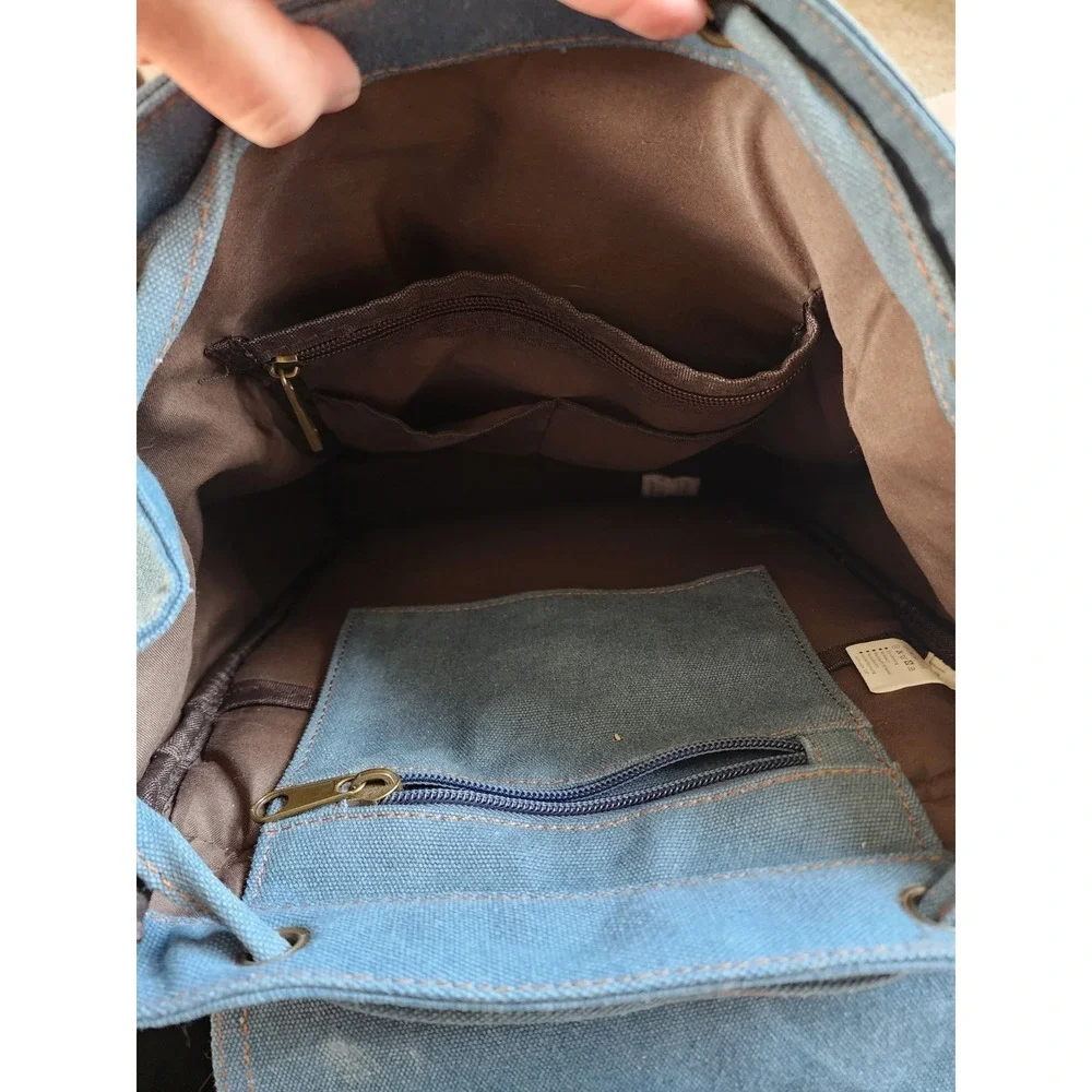 Augur Jans Denim Backpack Blue Vintage Rucksack Magnetic Snap Drawstring Mens